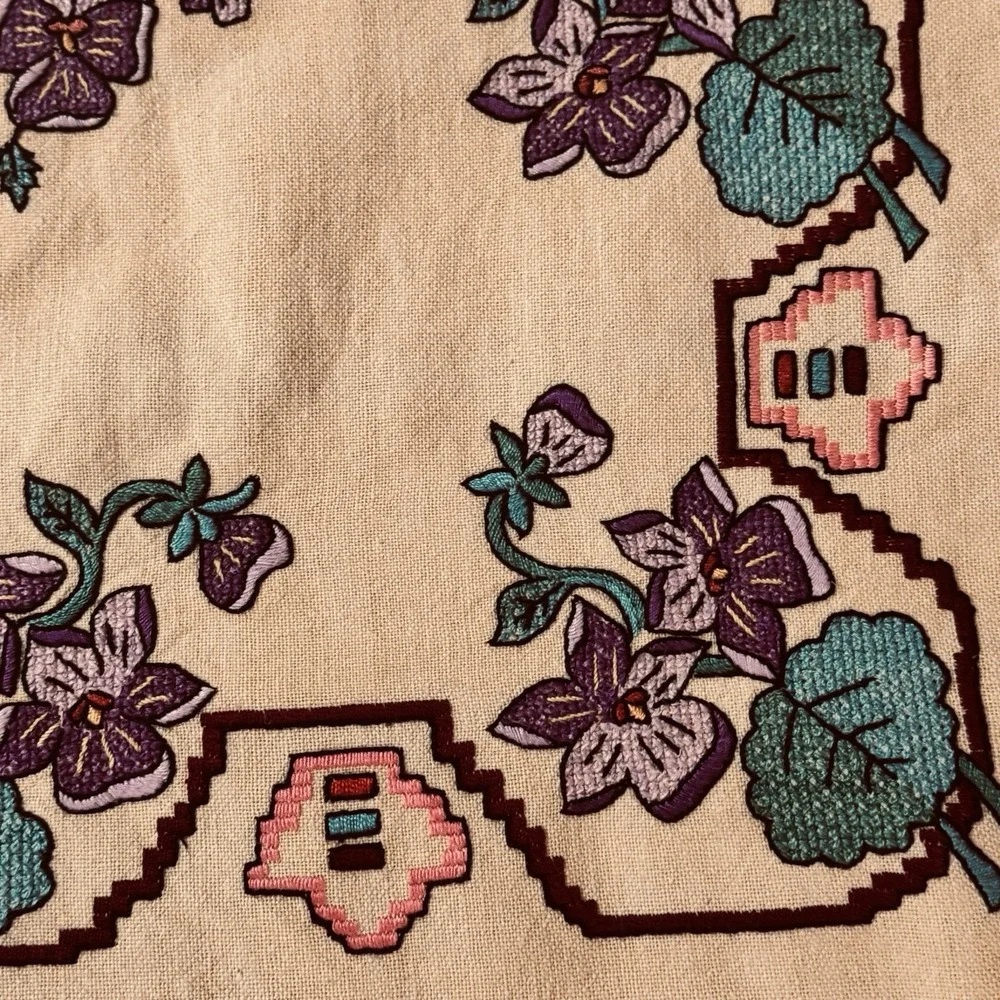 Vtg Cross Stitch Tablecloth Flowers Purple Forget Me Not Yellow Embroidered Hand